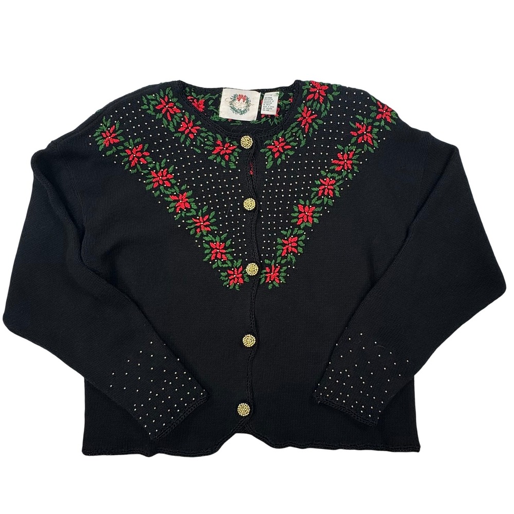 Christopher & Banks Christmas Cardigan Sweater Large Black Poinsettia Beaded L